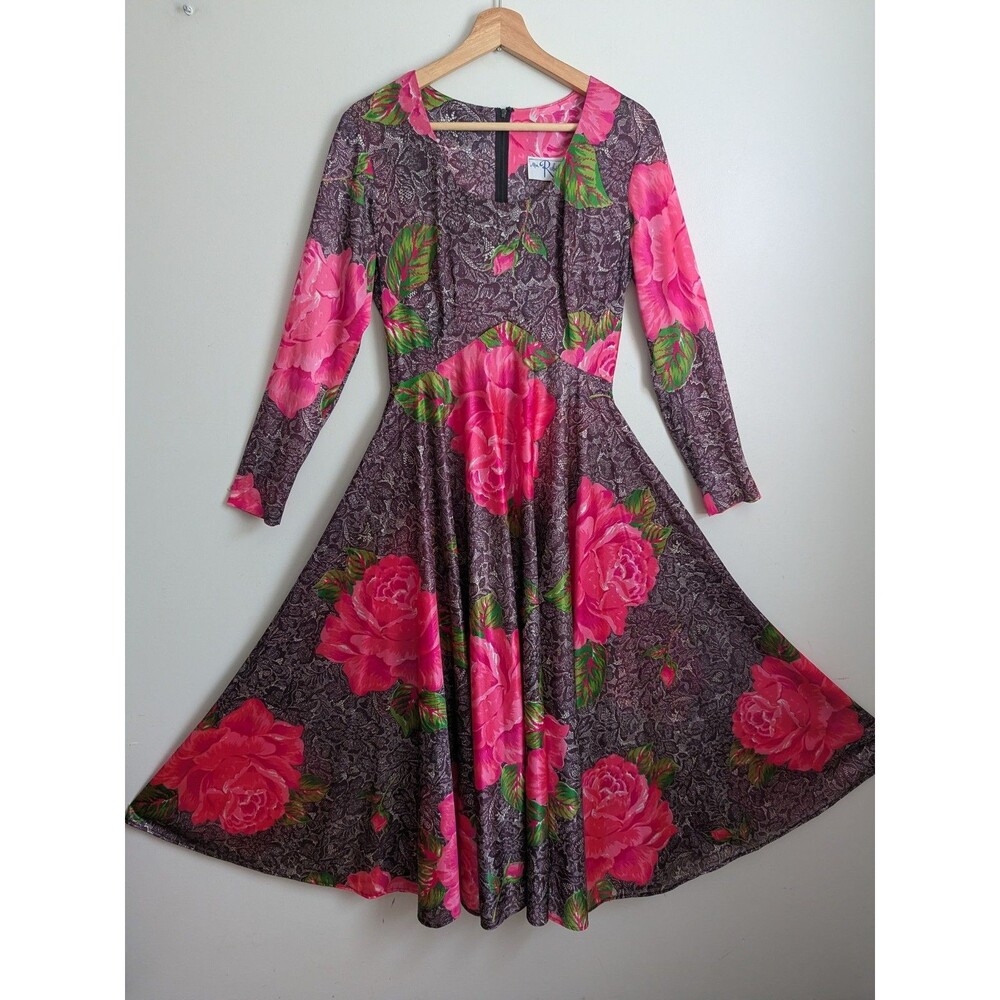 Vtg 70s Gypsy Rose Lace Floral Print Midi Dress Full Circle Skirt Bohemian 6 8